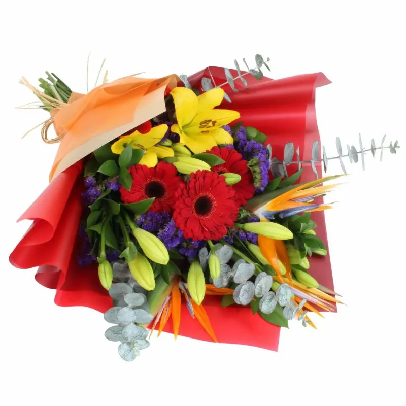 Abril en Ramo - Ramo de gerberas rojas, liliums amarillos, aves del paraíso y statice morado