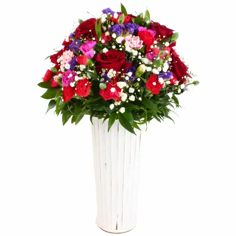 Colores de Frida Fucsia en Columna - ceramica con rosas claveles, statice y gypsophilia