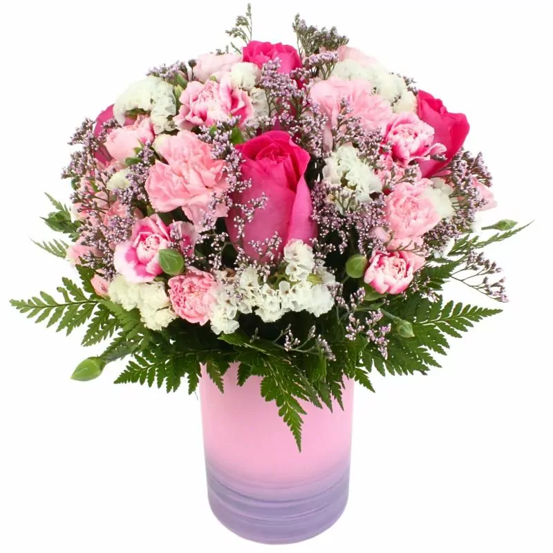 Colores de Frida Fucsia en Florero - Florero rosado con rosas, claveles, estate y gypsophila