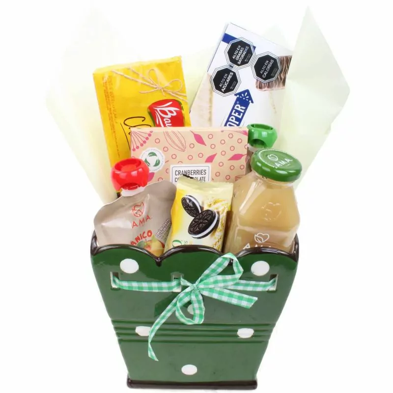 Set de regalo Cubo de Dulzura - Cubo de cerámica con Compotas de fruta, Cranberries cubiertas con chocolate, Galletas y Jugo de frutas.