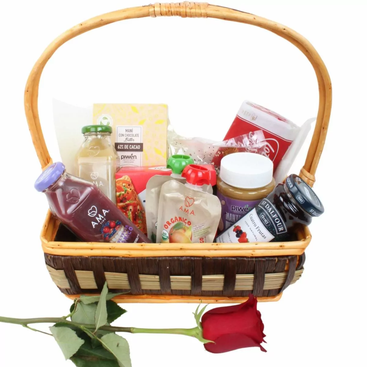 Foto principal Set de regalo Picnic para dos - Canasto de picnic con jugo orgánico, compota de fruta, mantequilla de maní y mermelada, tostadas, galletas y frutos secos