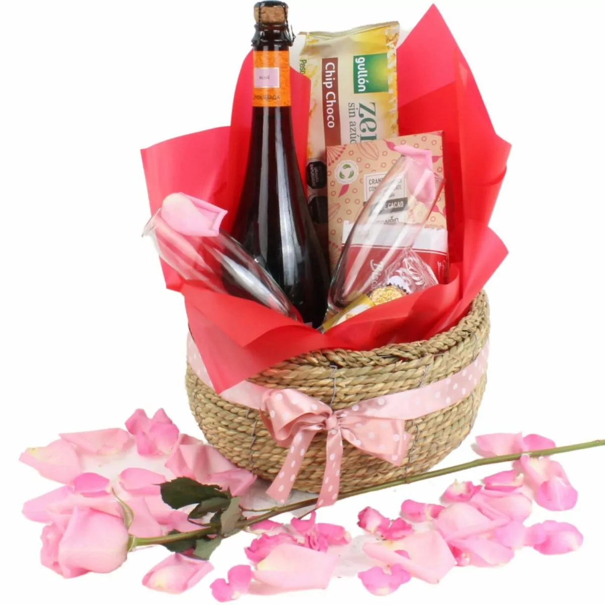 Foto principal Canasto Rosé - Set de regalo en canasto con espumante Rosé, copas, chocolates y pétalos de rosa