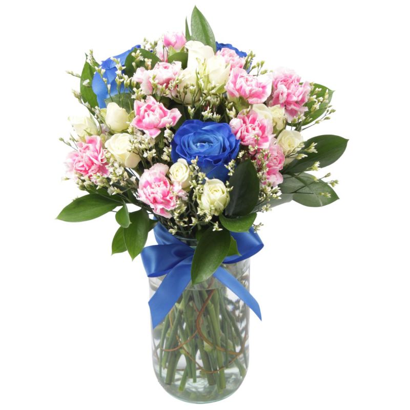 Noelia Azul - Florero con rosas, mini rosas, mini claveles y limonium Noelia Azul - Florero con rosas, mini rosas, mini claveles y limonium