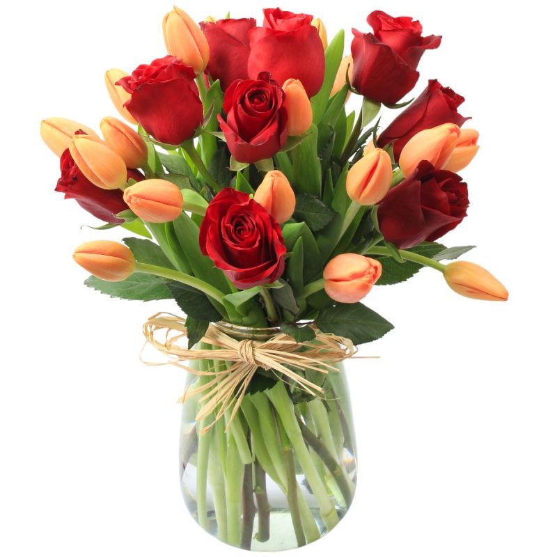 Elena Rojo Damasco - Florero con rosas rojo y tulipanes damasco Elena Rojo Damasco - Florero con rosas rojo y tulipanes damasco