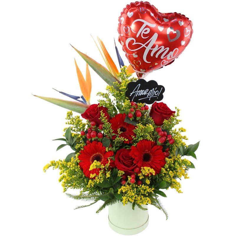 Aniversario Mágico Rosas Rojo - Arreglo floral con globo Te amo, pizarra, aves del paraíso, rosas y gerberas rojo Aniversario Mágico Rosas Rojo - Arreglo floral con globo Te amo, pizarra, aves del paraíso, rosas y gerberas rojo
