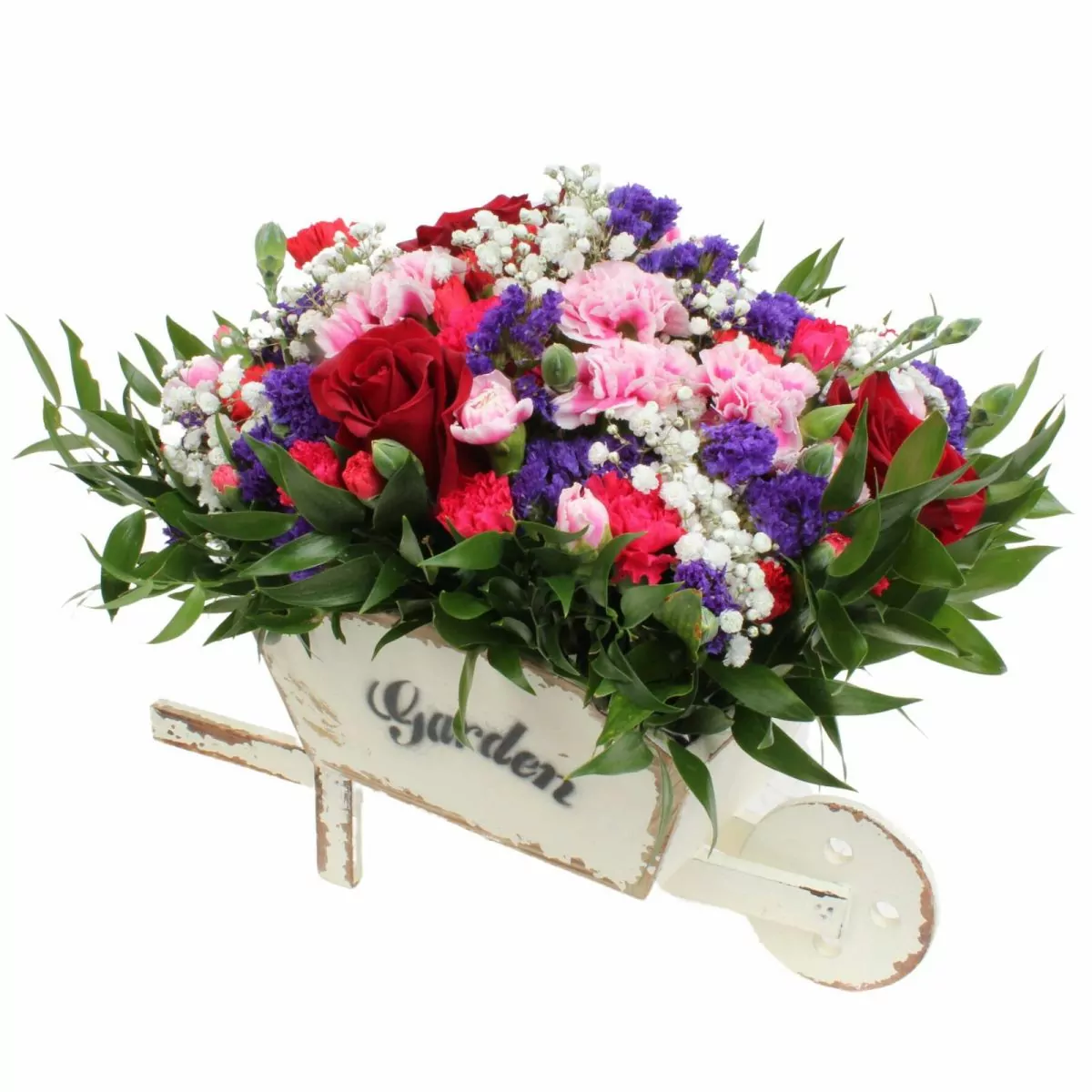 Foto principal Colores de Frida Rojo en Carretilla - Carretilla de madera con rosas, claveles, estate y gypsophilia
