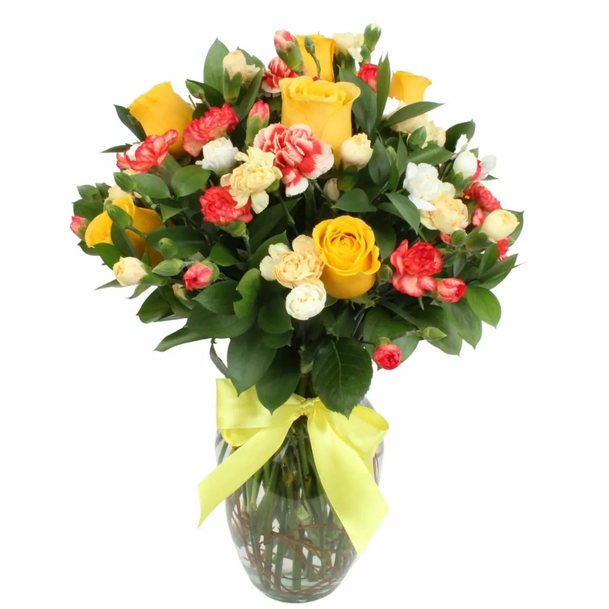 Foto principal Pamela Rosas Amarillas en Ánfora - Florero de vidrio con con rosas amarillas y mini claveles blancos y naranjos