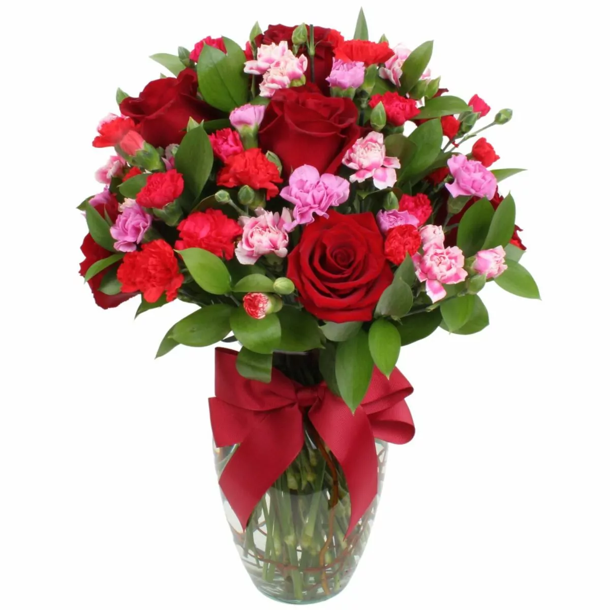 Foto principal Pamela Rosas Rojas en Ánfora - Florero de vidrio con con rosas rojas y mini claveles fucsias y rojos
