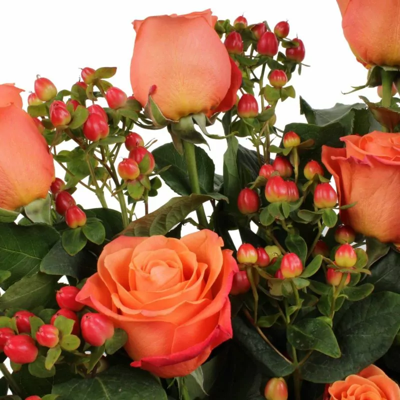 Foto 4 Jardín de Rosas Naranjo - Arreglo floral con 16 rosas naranjas e hypericum rojo