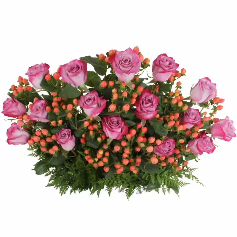 Foto 4 Jardín de Rosas Lila - Arreglo floral con 16 rosas lila e hypericum rosado