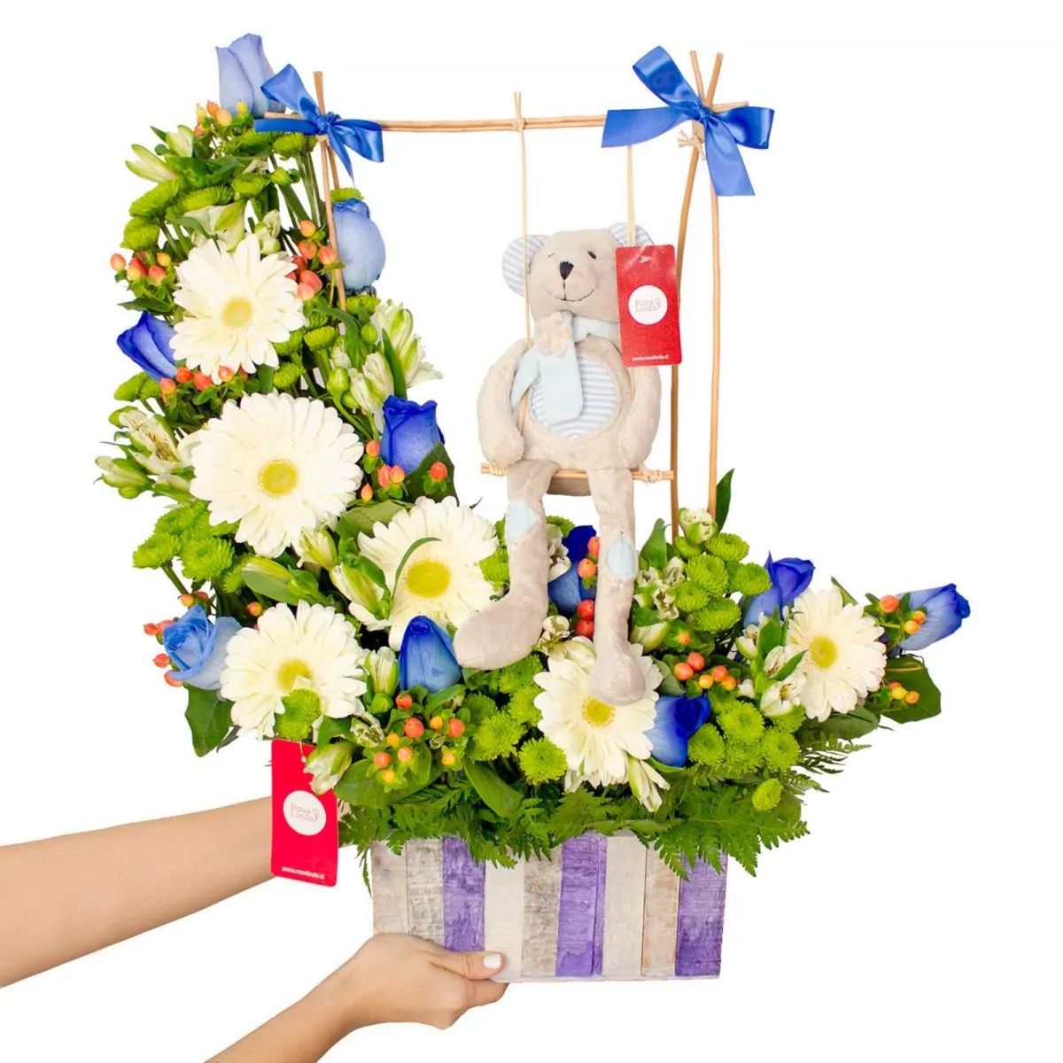 Foto principal Osito en el jardín - Arreglo floral de nacimiento con peluche de osito en tonos blancos y azules