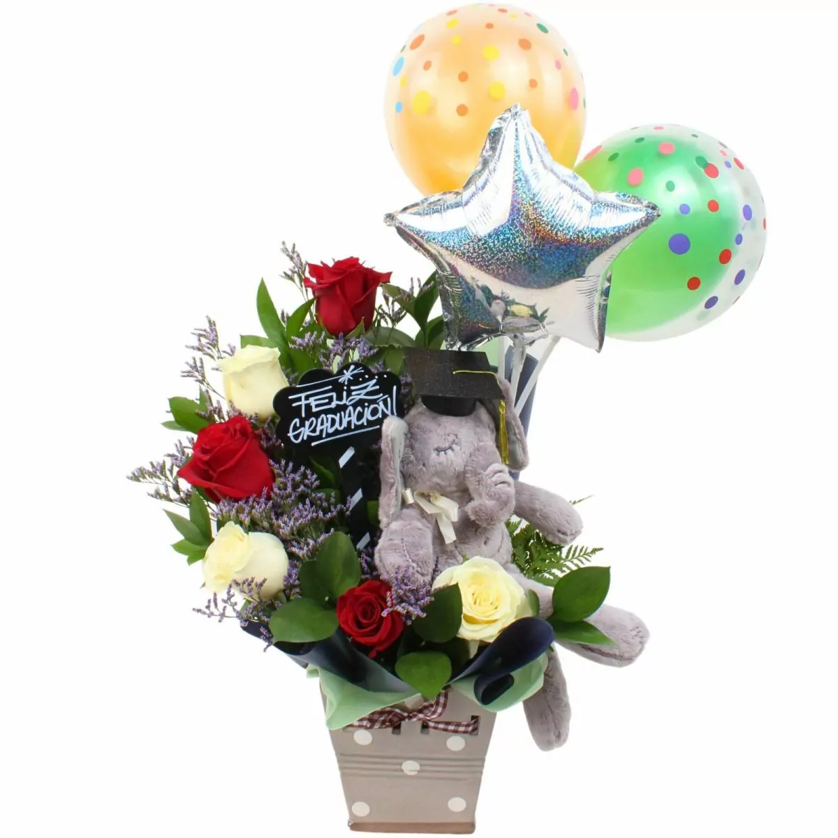 Foto principal Arreglo Flores de Éxito - Arreglo floral para graduaciones con rosas rojas y blancas, peluche de elefante, pizarra y globos