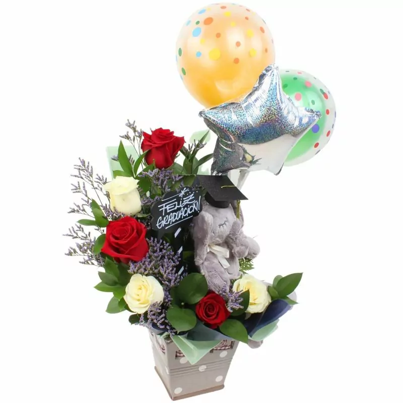 Foto 5 Arreglo Flores de Éxito - Arreglo floral para graduaciones con rosas rojas y blancas, peluche de elefante, pizarra y globos
