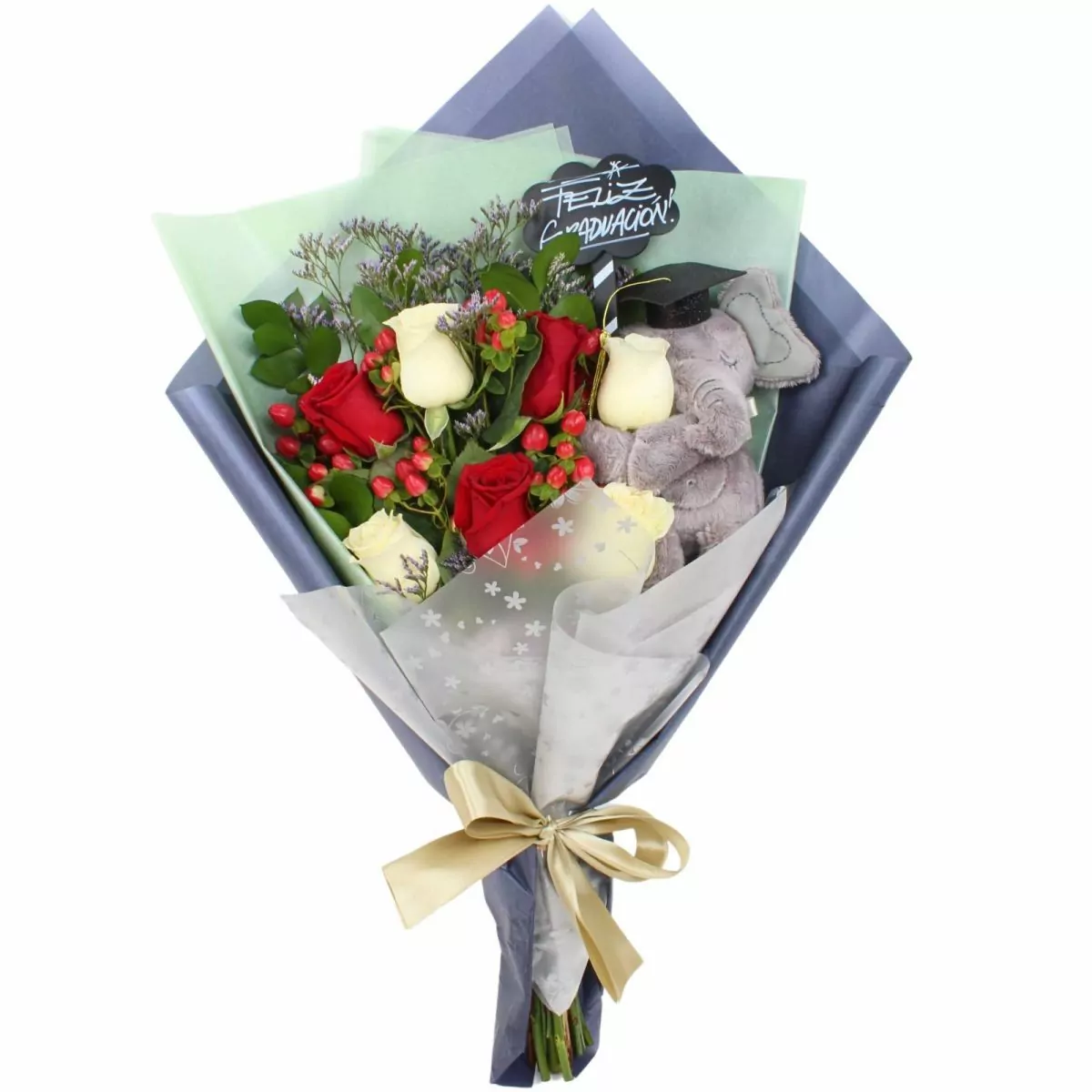 Foto principal Ramo Flores de Éxito - Ramo de flores para graduación con rosas rojas y rosas blancas, peluche de elefante y pizarra