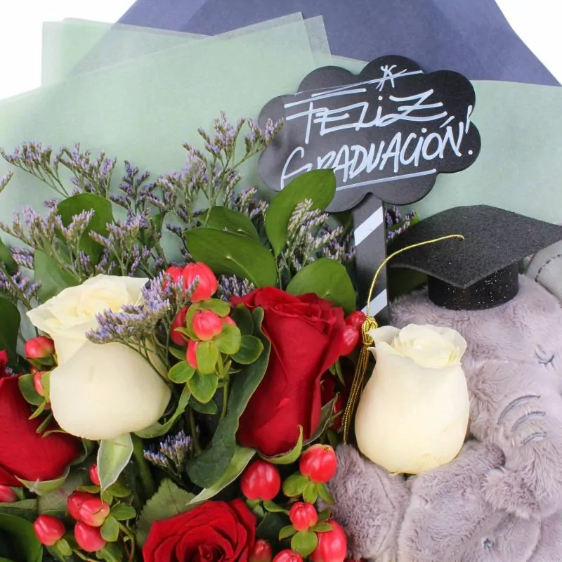 Foto 4 Ramo Flores de Éxito - Ramo de flores para graduación con rosas rojas y rosas blancas, peluche de elefante y pizarra