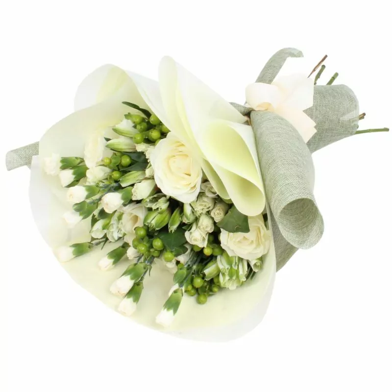 Ramo silvestre blanco - Ramo de flores circular con rosas blancas, claveles blancos, astromelias e hypericum verde