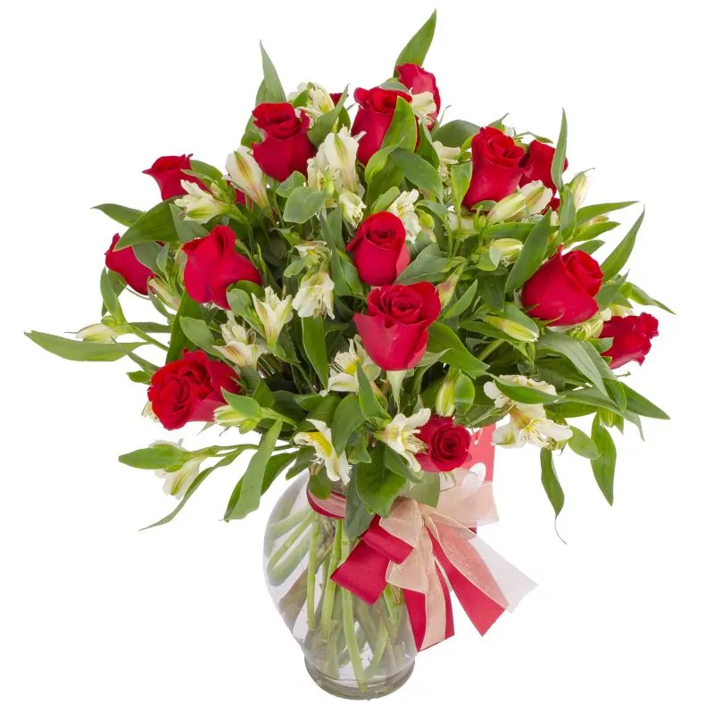 Foto 3 Amor rojo en anfora - Florero vidrio con rosas rojas y astromelias