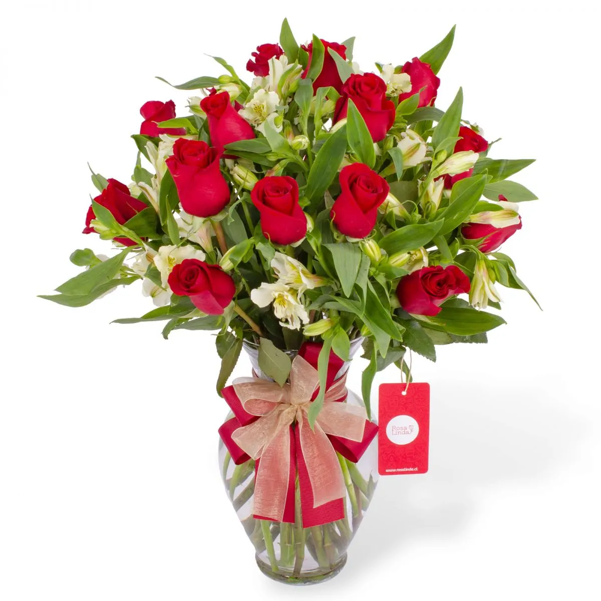 Foto principal Amor rojo en anfora - Florero vidrio con rosas rojas y astromelias