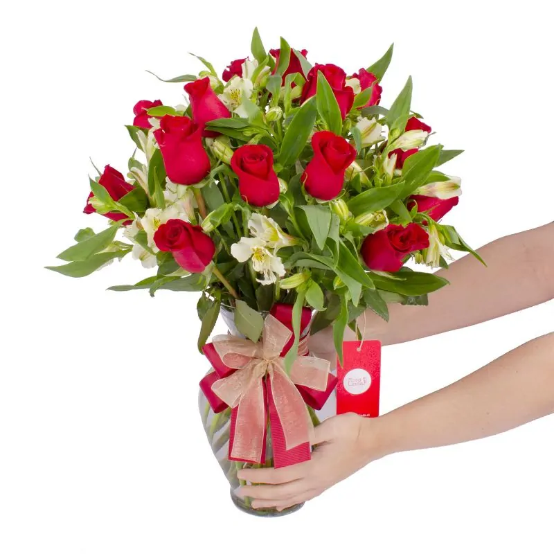 Foto 2 Amor rojo en anfora - Florero vidrio con rosas rojas y astromelias