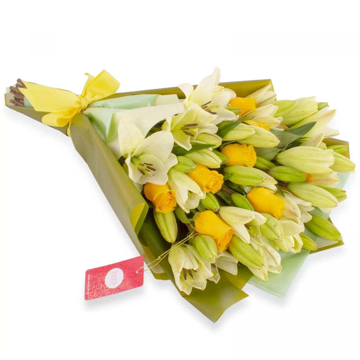 Foto principal Ramo de flores - Ramo con liliums blancos y rosas ecuatorianas amarillas
