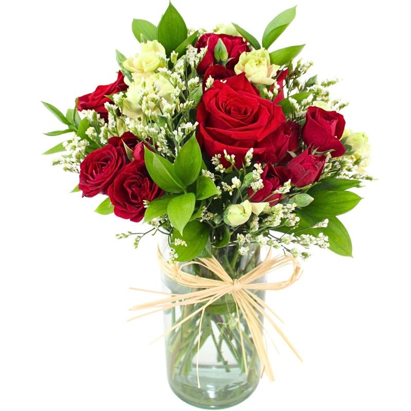 Noelia Rojo - Florero pequeño con Rosas, mini rosas, mini claveles y limonium Noelia Rojo - Florero pequeño con Rosas, mini rosas, mini claveles y limonium