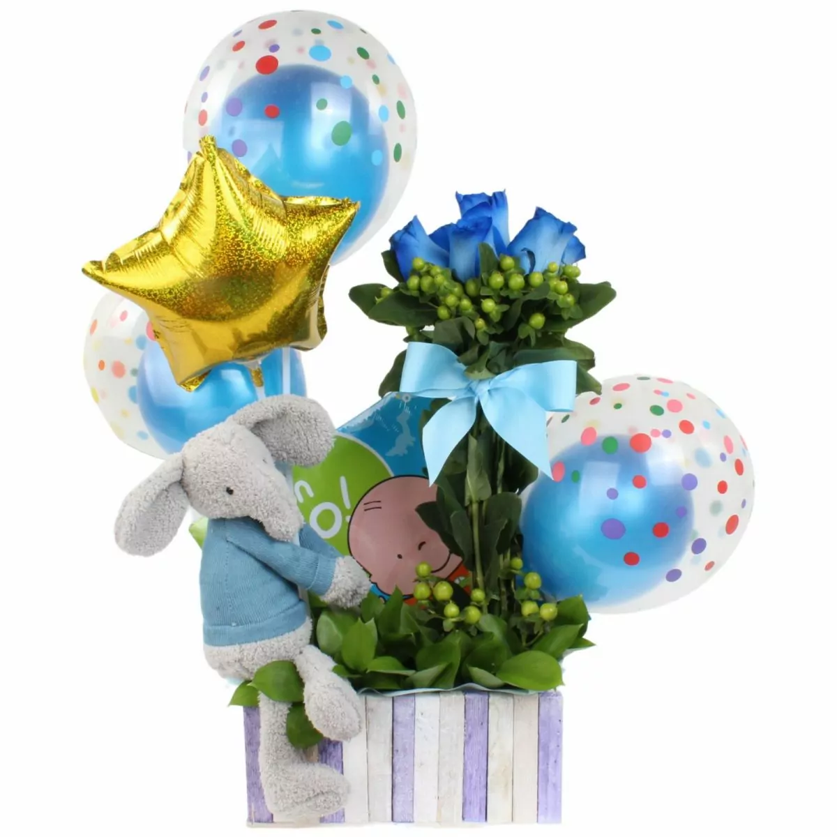 Foto principal Sorpresa para bebé Azul - Arreglo floral con peluche, libro, globos y rosas en tonos celestes y azules