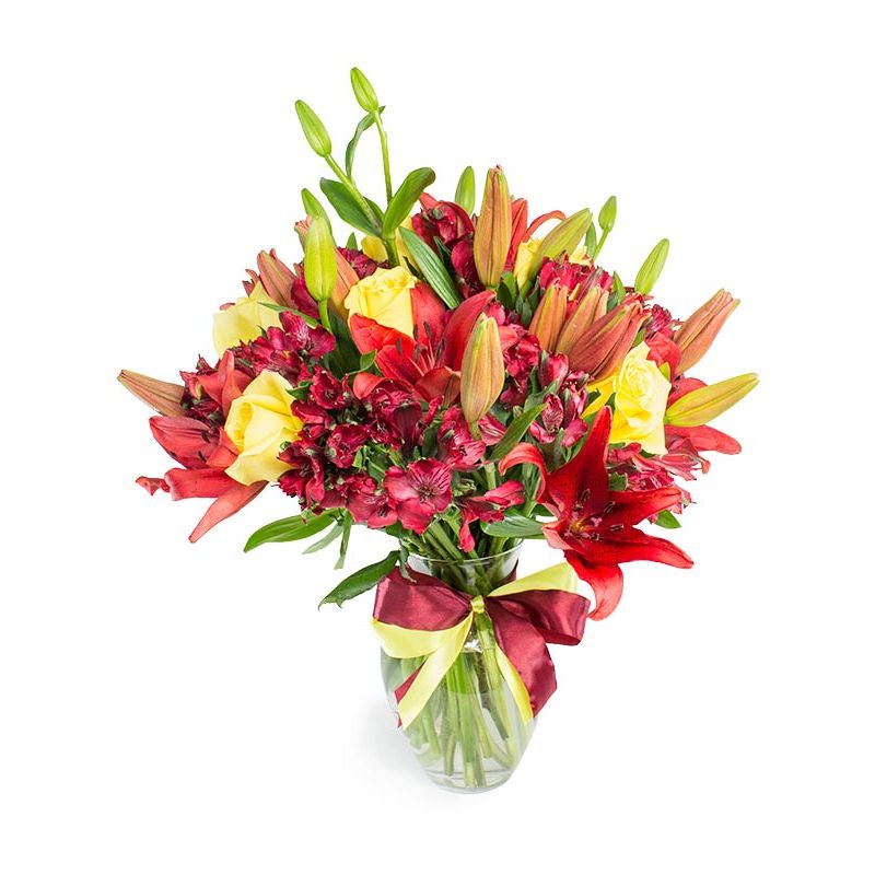 Flores a domicilio - Florero con Lilium rojos y rosas amarillas Flores a domicilio - Florero con Lilium rojos y rosas amarillas