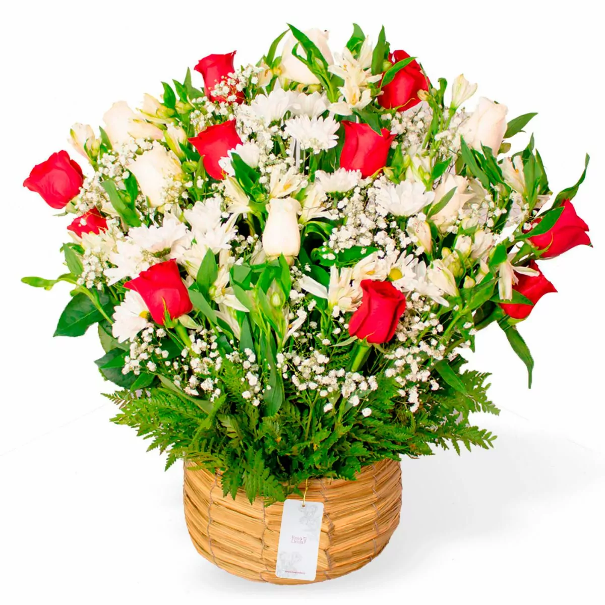 Foto principal Pésame con rosas rojas - Arreglo floral de condolencias con rosas blancas y rojas, y mix de flores blancas de temporada