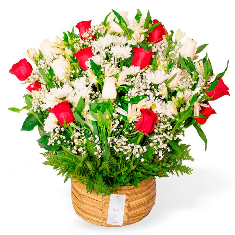 Pésame con rosas rojas - Arreglo floral de condolencias con rosas blancas y rojas, y mix de flores blancas de temporada Pésame con rosas rojas - Arreglo floral de condolencias con rosas blancas y rojas, y mix de flores blancas de temporada