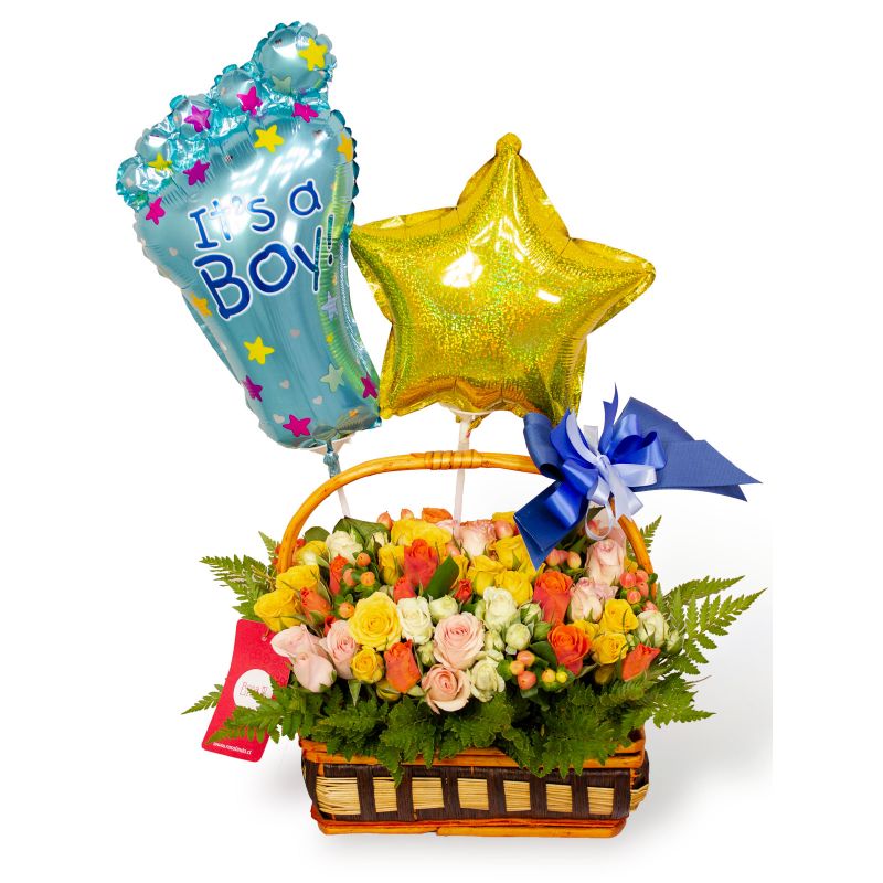 Canasto con mini rosas Niño - Arreglo floral con minirosas y globos metalicos Canasto con mini rosas Niño - Arreglo floral con minirosas y globos metalicos