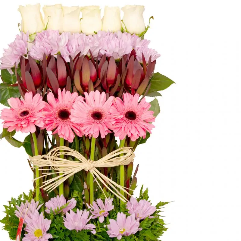 Foto 4 Estelita Gerberas Rosadas - Arreglo floral con rosas blancas, maules lilas, leucadendros y gerberas rosadas