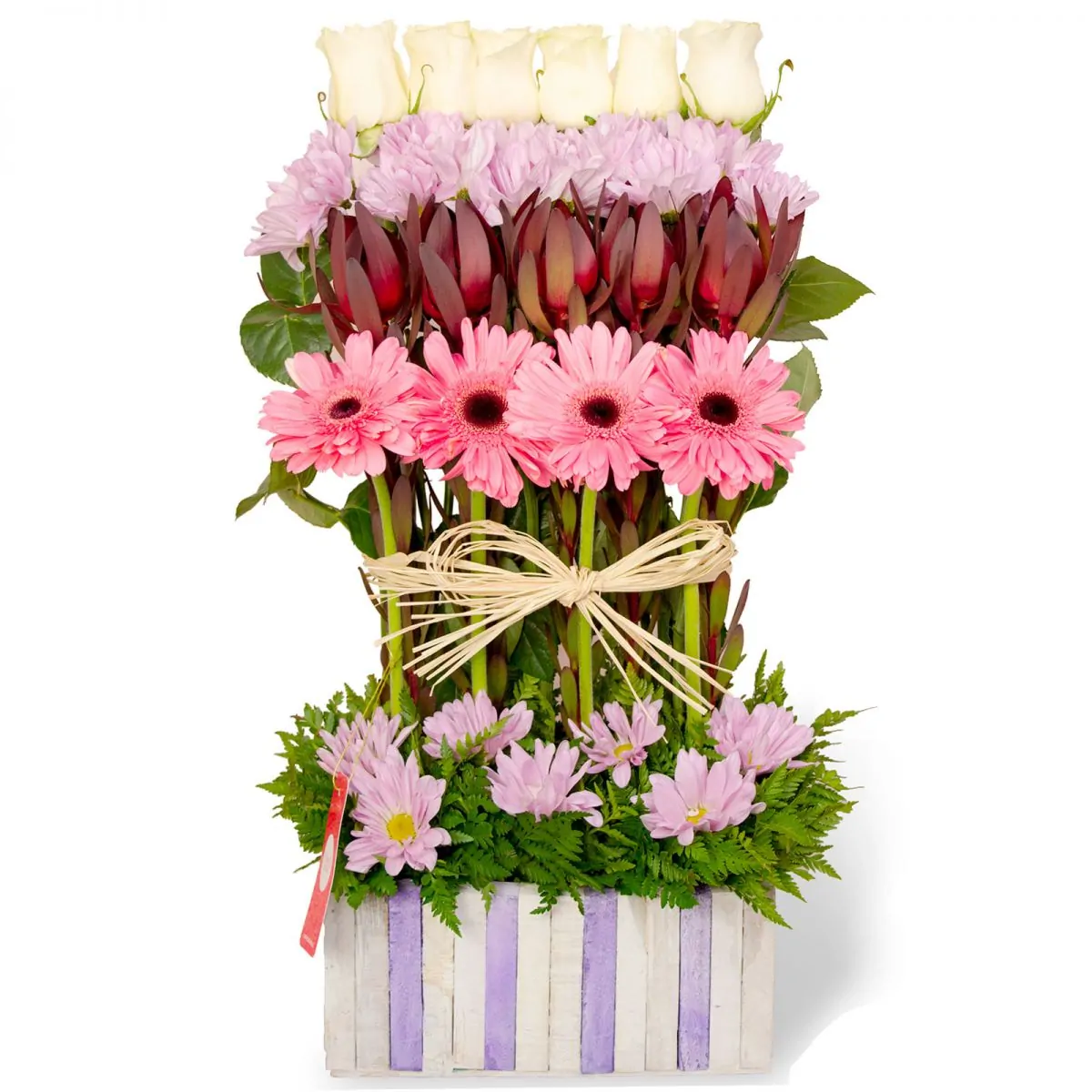 Foto principal Estelita Gerberas Rosadas - Arreglo floral con rosas blancas, maules lilas, leucadendros y gerberas rosadas