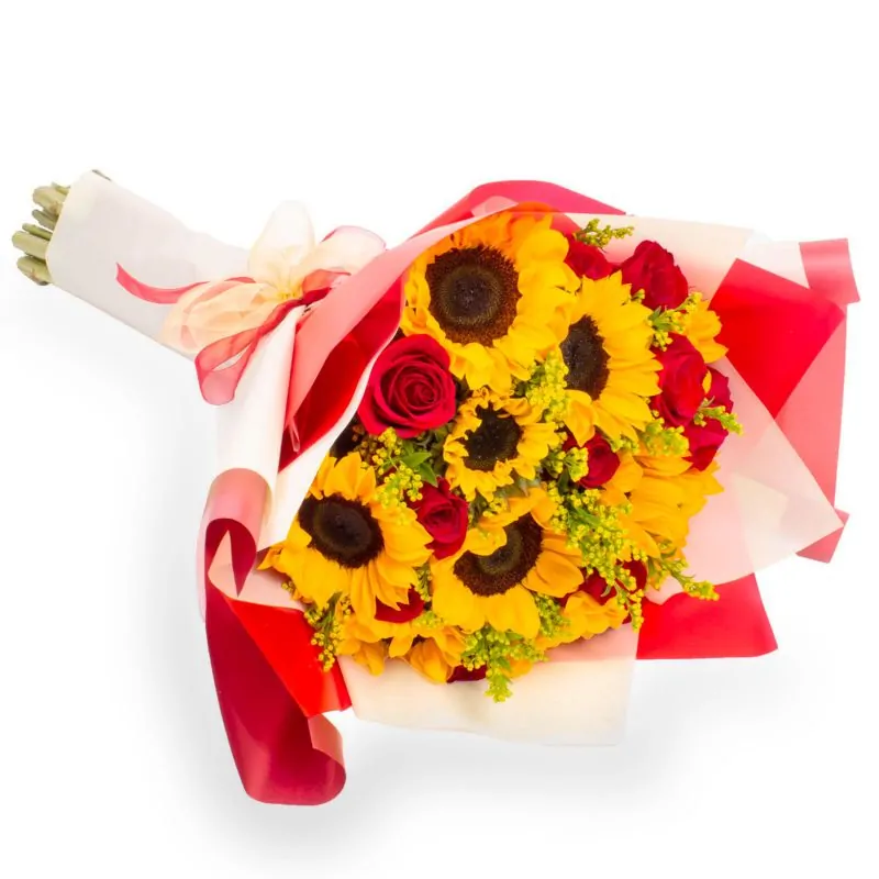 Ramo girasoles y rosas - Ramo de girasoles, rosas ecuatorianas rojas y solidago