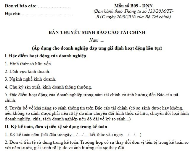 bản thuyết minh báo cáo tài chính