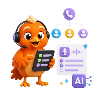 RoundRobin AI mascot managing routed calls and AI follow-up notes
