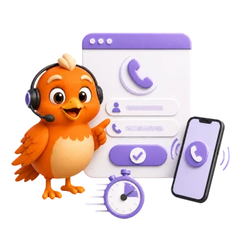 RoundRobin AI mascot with headset beside a website callback form and ringing phone