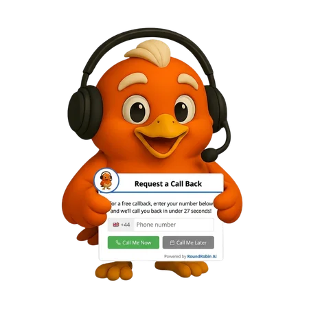 RoundRobin AI mascot demonstrating the instant callback widget on a website