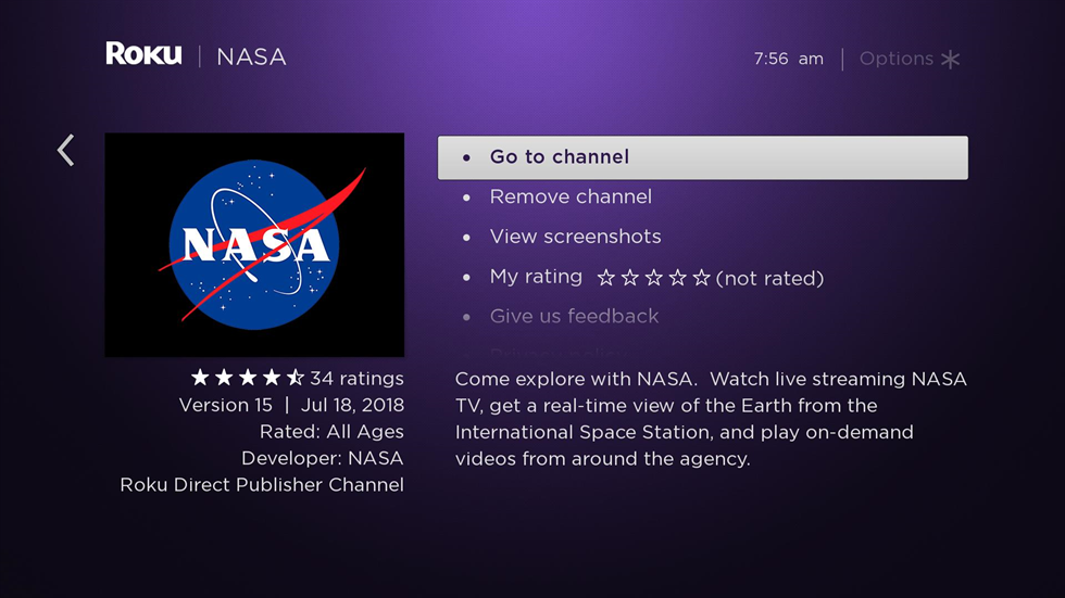 NASA TV is now available on Roku. Image Credit: Roku