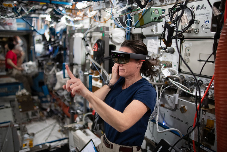 NASA astronaut and Expedition 65 Flight Engineer Megan McArthur wears the specialized Sidekick headset and tests using augmented reality aboard the International Space Station. Credits: NASA