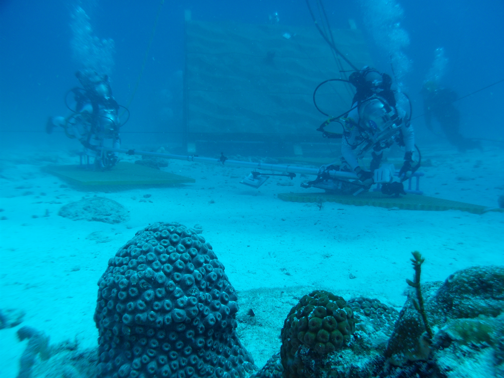 With the famous Key Largo coral in the foreground, weightless Aquanauts use an extravehicular activity (EVA) boom prototype to translate across the seafloor, simulating translation across the surface of an asteroid. Image Credit: NASA