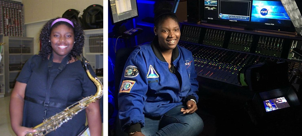 Then and now: Alexandria Perryman at band practice (left), and Perryman in the audio suite today (right).