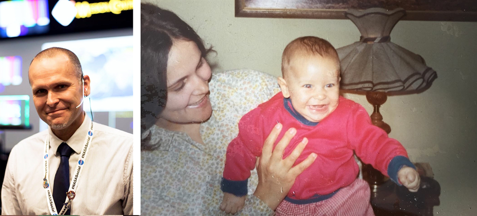 Then and now: Andrew Rechenberg on console at mission control (left), and with his mother as a toddler (right).
