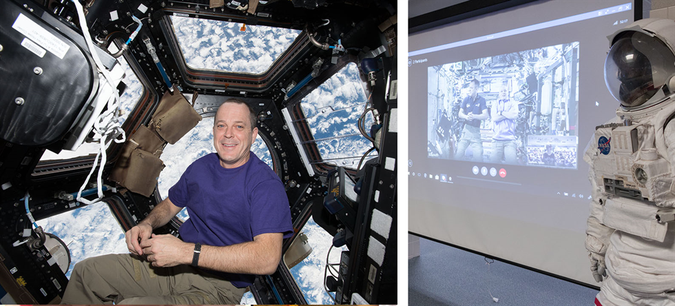 Then and now: Ricky Arnold in the space station’s cupola (left), and Arnold answering student questions during an education downlink with Brookwood Elementary School.