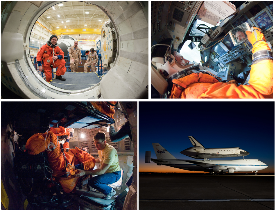 Stafford offered up a few more glimpses into the inner workings of shuttle behind the scenes (clockwise from top left). JSC2011e026940: NASA astronaut Michael Fincke, STS-134 mission specialist, attired in a training version of his shuttle launch-and-entry suit, is pictured during an ingress/egress training session in a shuttle mock-up in the Space Vehicle Mock-up Facility at Johnson. Also pictured in the background are suit technicians Drew Billingsley and Tony Cost-Davis. JSC2011e026945 and also JSC2011e026949: The STS-134 crew during CCT-II prelaunch ingress/egress training. JSC2012e216284: Space Shuttle Endeavour is ferried by NASA's Shuttle Carrier Aircraft over Ellington Field in the early morning hours of Sept. 20, 2012, as it departs for California. NASA pilots Jeff Moultrie and Bill Rieke are at the controls of the Shuttle Carrier Aircraft. NASA T-38 chase plane has NASA pilot Greg C. Johnson at the controls. Credits: NASA/Bill Stafford. 