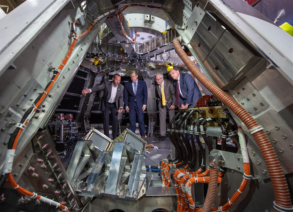 Due to the compact build of the spacecraft, Orion requires that all systems needed to keep crew alive take up minimal mass and volume. Here, NASA Administrator Jim Bridenstine tours the inside of the Orion test crew capsule at NASA’s Johnson Space Center in Houston. Image Credit: NASA