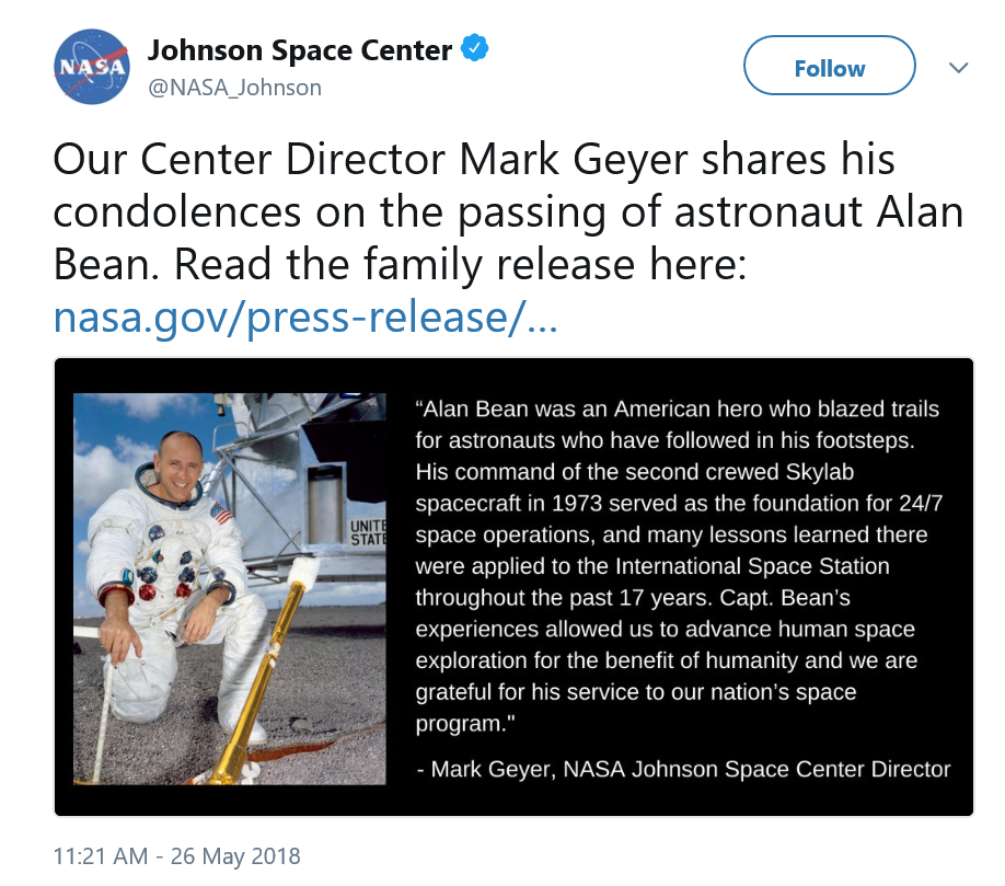 NASA Johnson Space Center Director Mark Geyer's statement is released on the NASA Johnson Twitter account. 