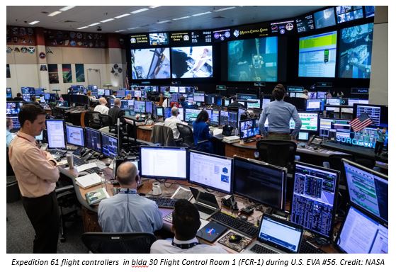 Expedition 61 flight controllers in building 30 flight control room 1 during EVA#56. Credit: NASA