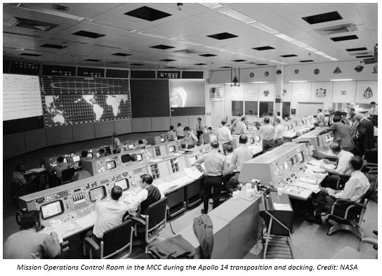 Mission Operations Control Room in the MCC during the Apollo 14 transportation and docking. Credit: NASA