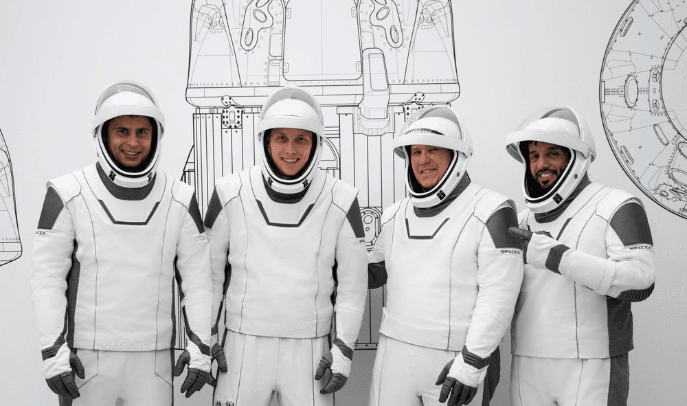 The SpaceX Crew-6 astronauts pose for a photo during a training session at the company's headquarters in Hawthorne, California. From left are, Mission Specialist Andrey Fedyaev, Pilot Warren “Woody” Hoburg, Commander Stephen Bowen, and Mission Specialist Sultan Al Neyadi. Credits: SpaceX