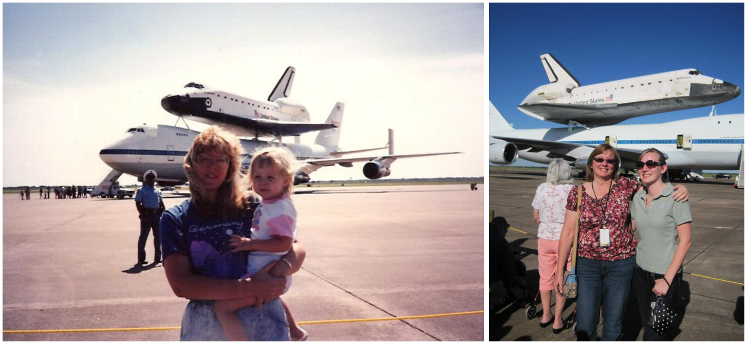 It’s all relative. Diane Laymon/IC and her daughter Kristin at Endeavour’s first and last visits to Ellington — May 1991 and then September 2012.